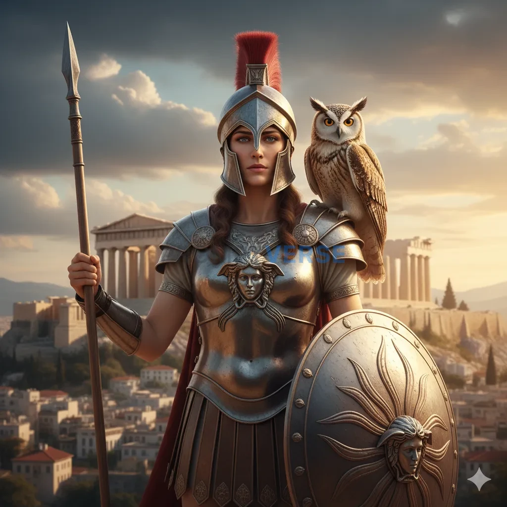 The goddess Athena, in shining armor with her owl perched on her shoulder, her gaze wise and strategic, standing before the Pa - PromptVerse