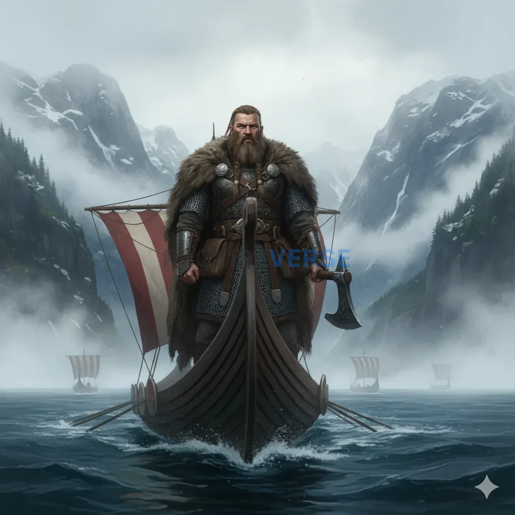A powerful Viking Jarl with a weathered face and braided beard, standing on the prow of his longship as it cuts through a mist - PromptVerse