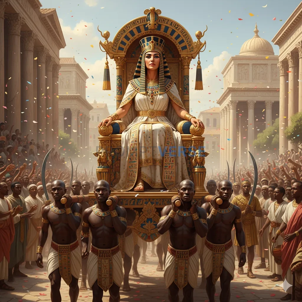 The Egyptian queen Cleopatra, regal and intelligent, looking resolutely forward as she makes her grand entrance into Rome on a - PromptVerse