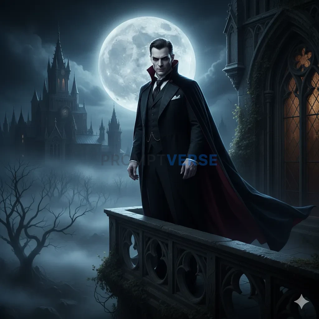 A classic, aristocratic vampire with a pale, handsome face and a predatory gaze, standing on the balcony of a gothic castle, a - PromptVerse