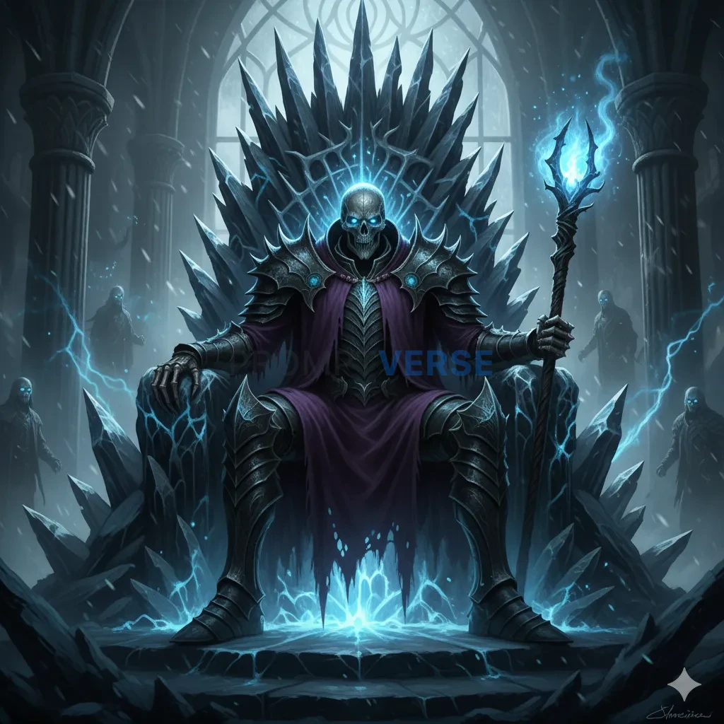 A terrifying, skeletal Lich King, clad in dark, ornate armor and a tattered cloak, sitting on a throne of ice, his eyes glowin - PromptVerse