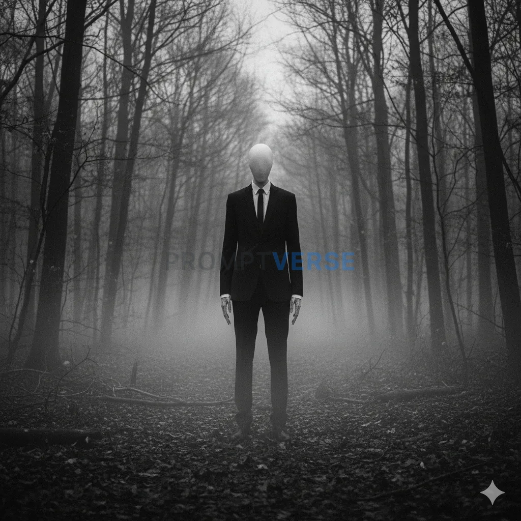 A silent, unsettling figure like the Slender Man, tall and faceless in a black suit, standing at the edge of a dark, foggy for - PromptVerse