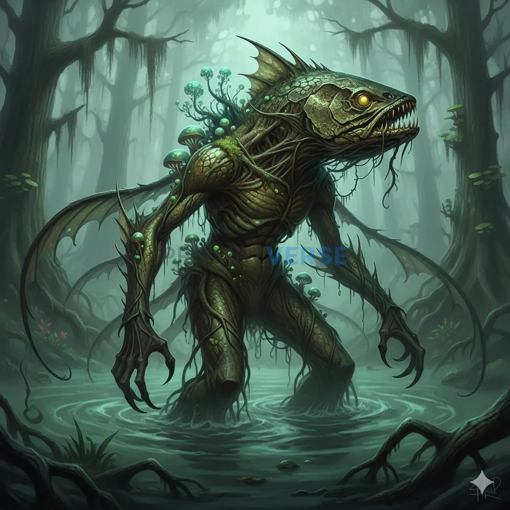 A swamp-dwelling creature, a grotesque hybrid of fish, man, and plant, emerging slowly from murky, algae-covered water.  - PromptVerse