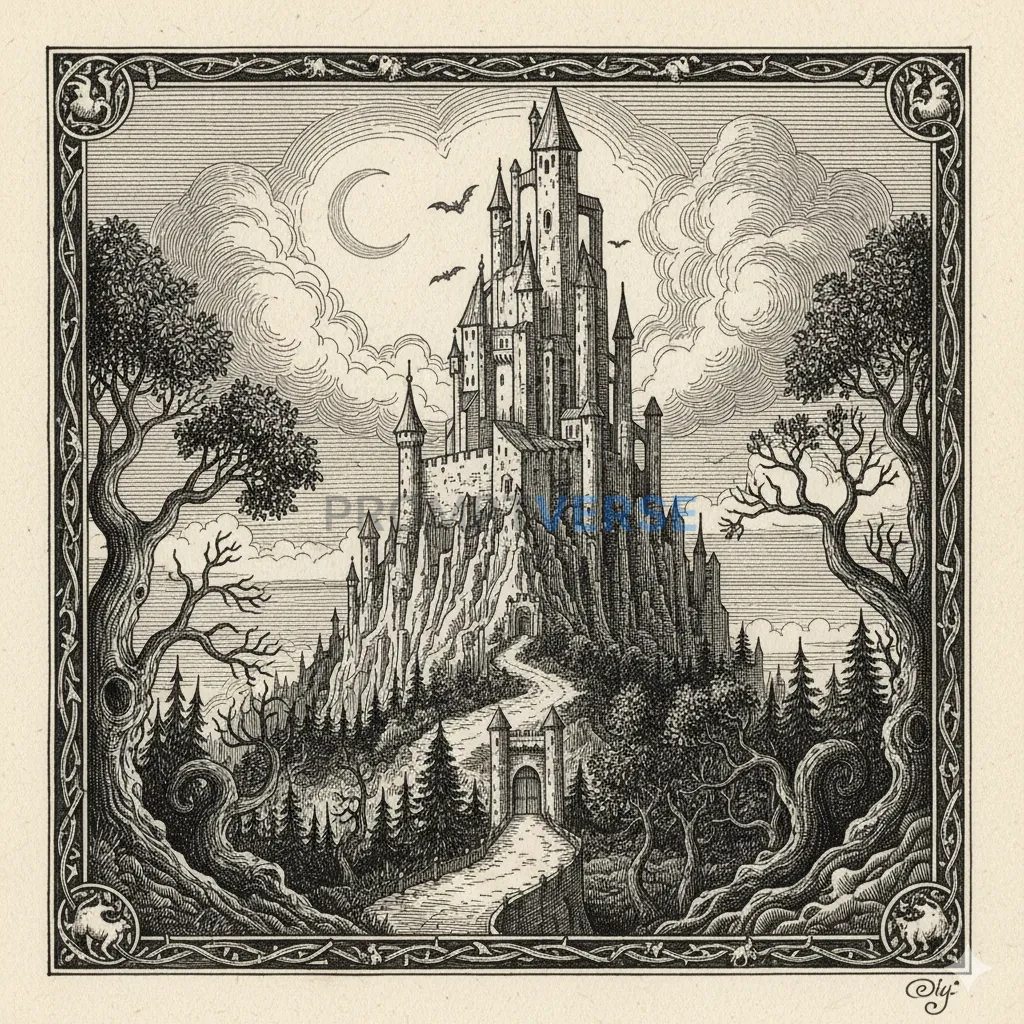 A detailed, cross-hatched ink drawing of an old, mysterious castle, in the style of a classic fairytale engraving. - PromptVerse