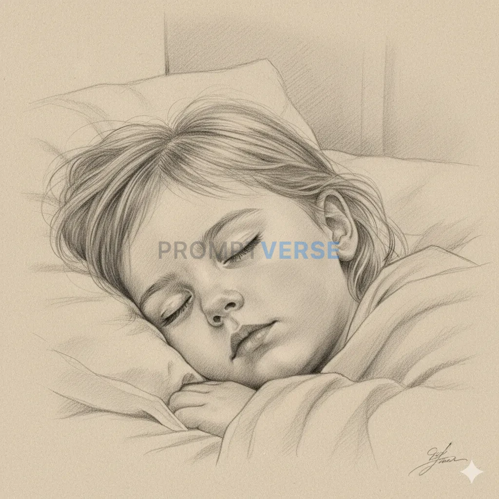A soft, delicate pencil sketch portrait of a sleeping child, capturing a moment of pure innocence. - PromptVerse