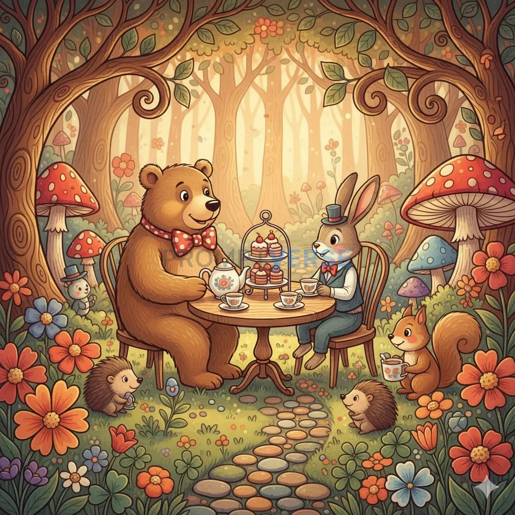 A whimsical children's book illustration, a friendly bear and a clever rabbit having a tea party in a colorful, stylized fores - PromptVerse