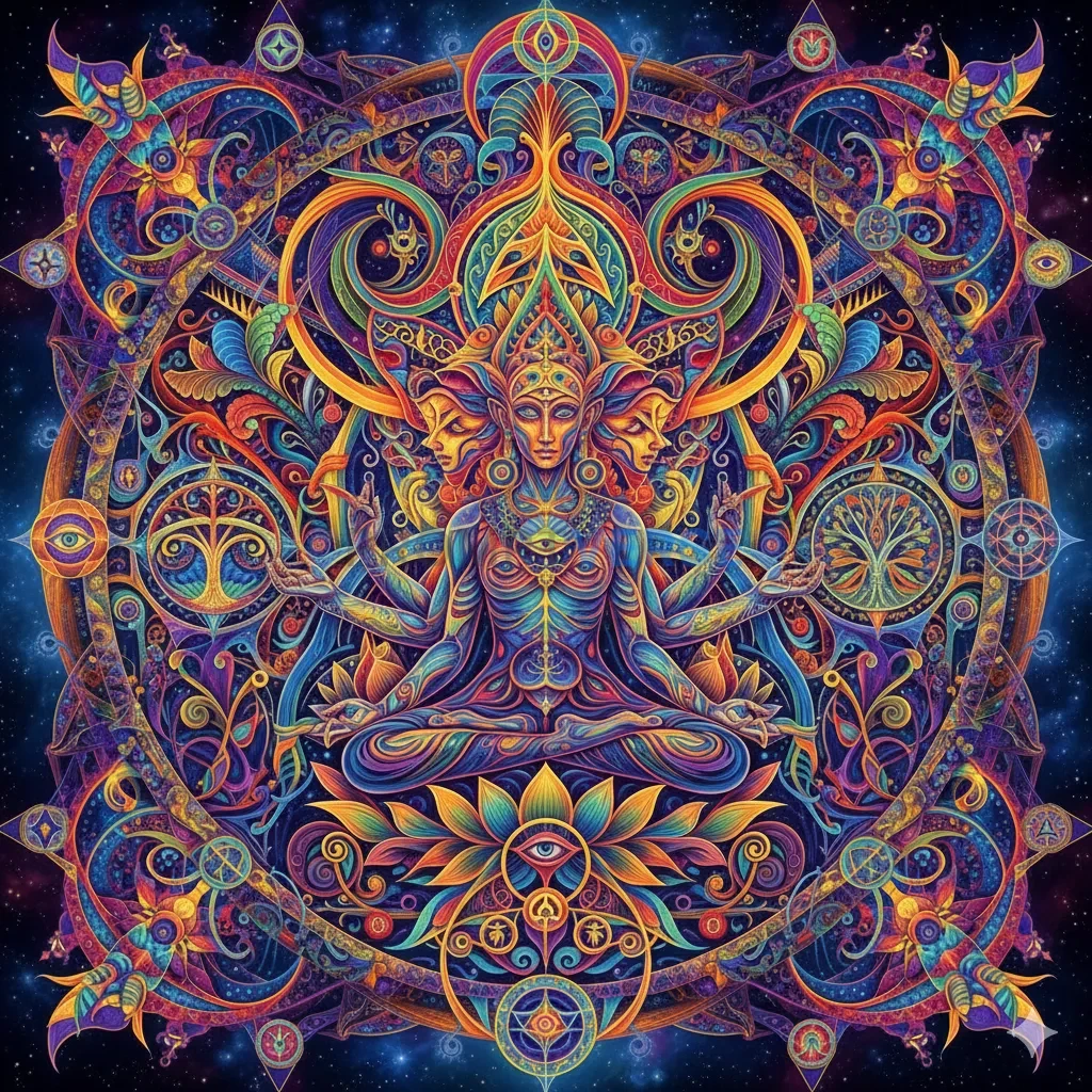 A piece of intricate, psychedelic visionary art, with fractal patterns, mythological symbols, and vibrant, glowing colors, in  - PromptVerse