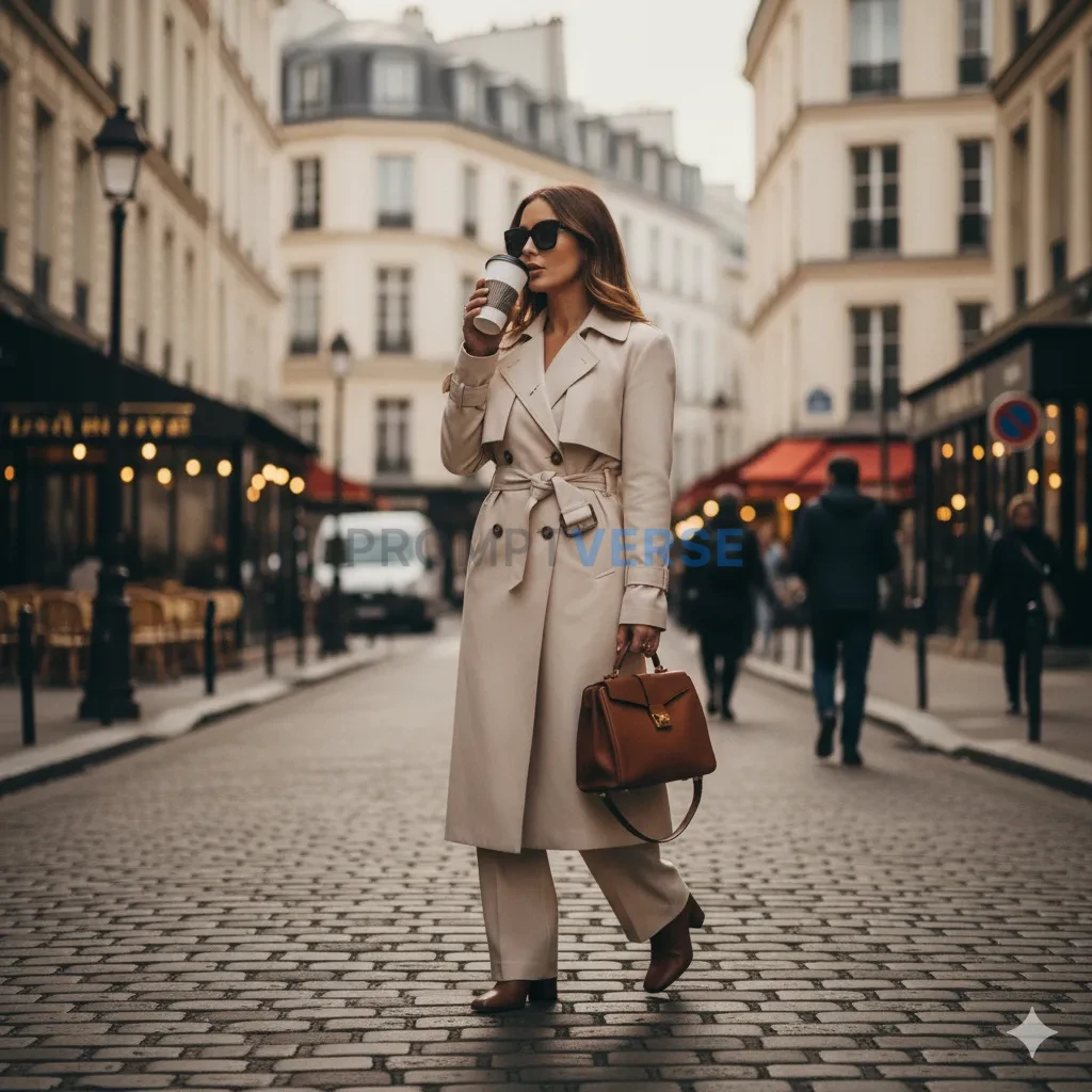 Stylish woman walking confidently on Paris streets, golden hour sunlight, cinematic tone, realistic street photography. - PromptVerse