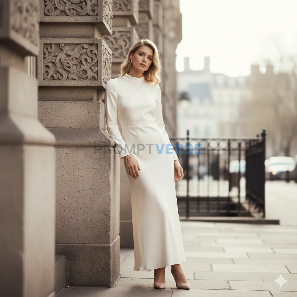 Blonde woman posing beside a stone building, natural morning light, soft focus, elegant urban look. - PromptVerse