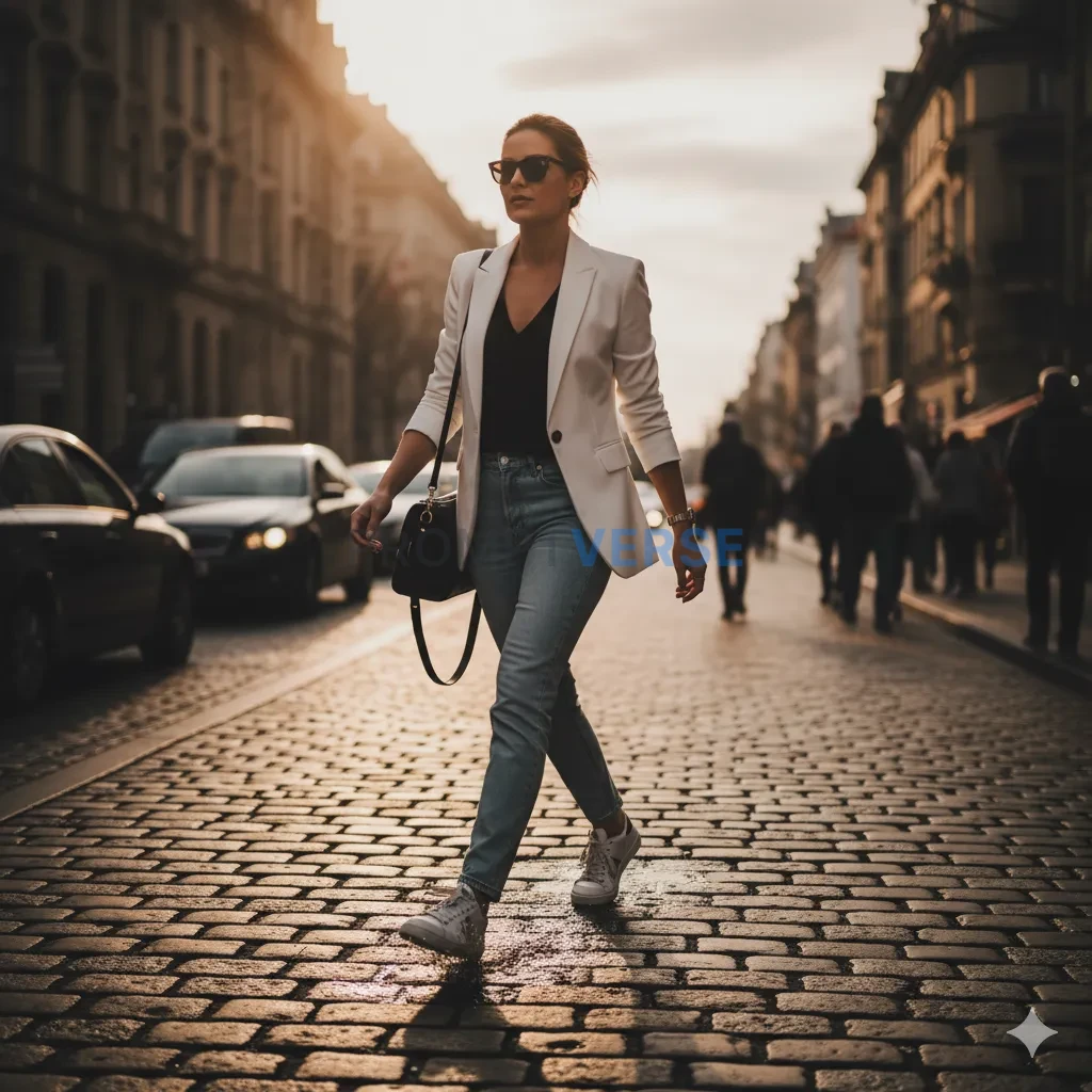 Confident woman crossing the street in white blazer and jeans, motion blur, cinematic lighting. - PromptVerse