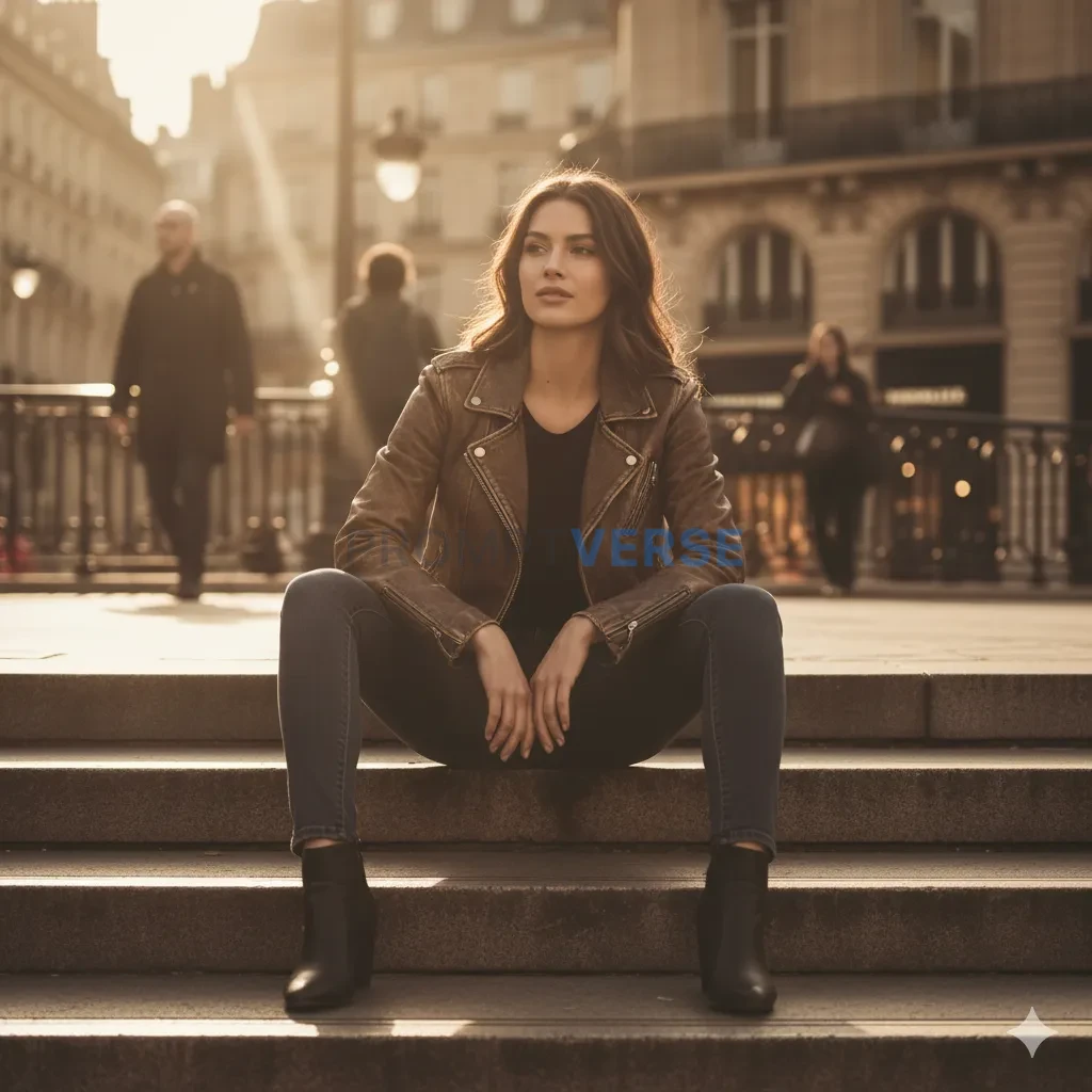 Model sitting on city stairs wearing a brown leather jacket, sunlight flare, realistic skin texture. - PromptVerse