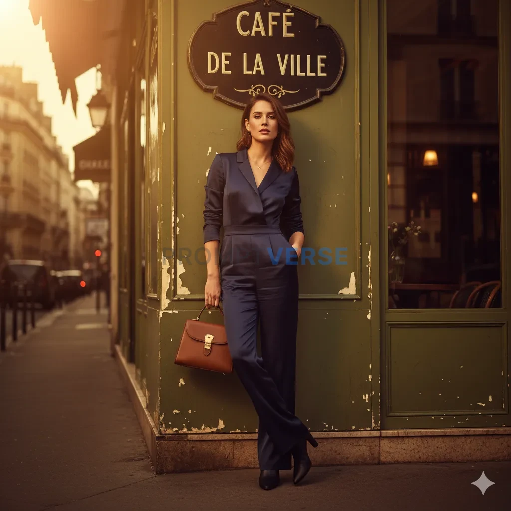 Woman leaning against a vintage café wall, holding a handbag, cinematic warm tones, professional portrait. - PromptVerse