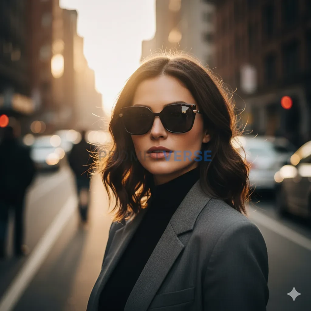 Urban portrait of a woman with sunglasses, shallow depth of field, realistic colors, cinematic glow. - PromptVerse