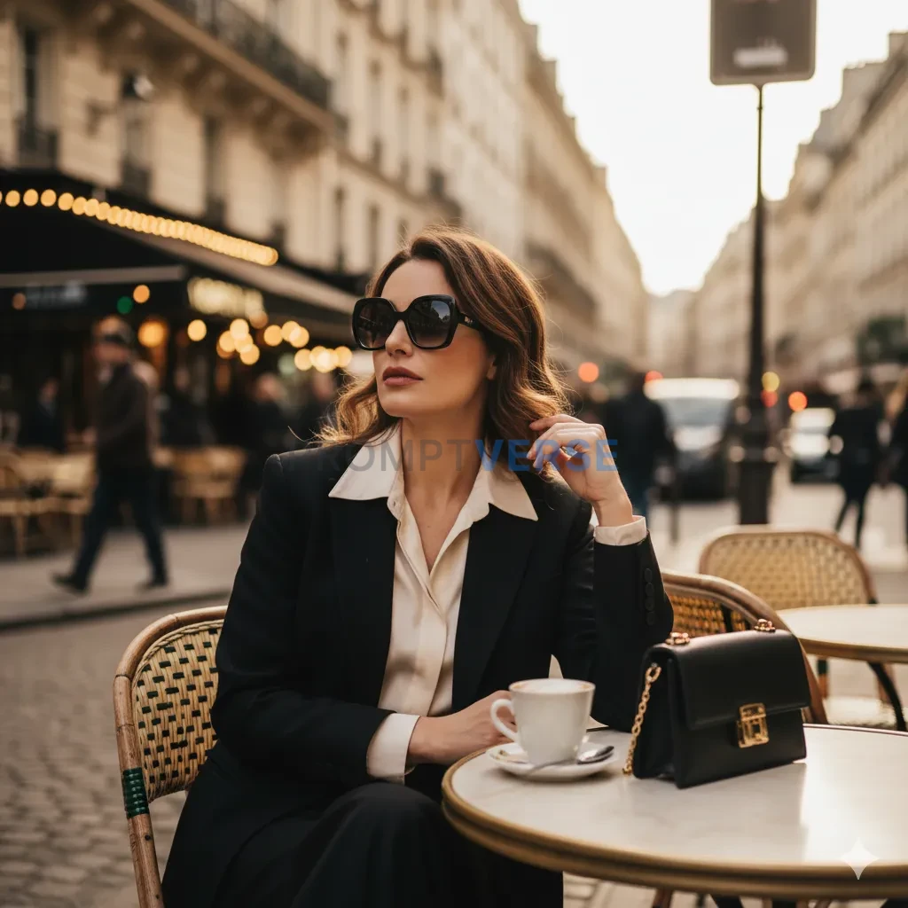 Lady sitting on an outdoor café terrace with a cappuccino, classy fashion tone, cinematic street vibe. - PromptVerse