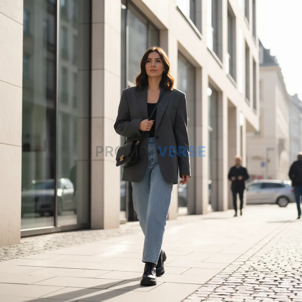 Confident woman wearing oversized blazer and boots, modern European city backdrop, natural light. - PromptVerse