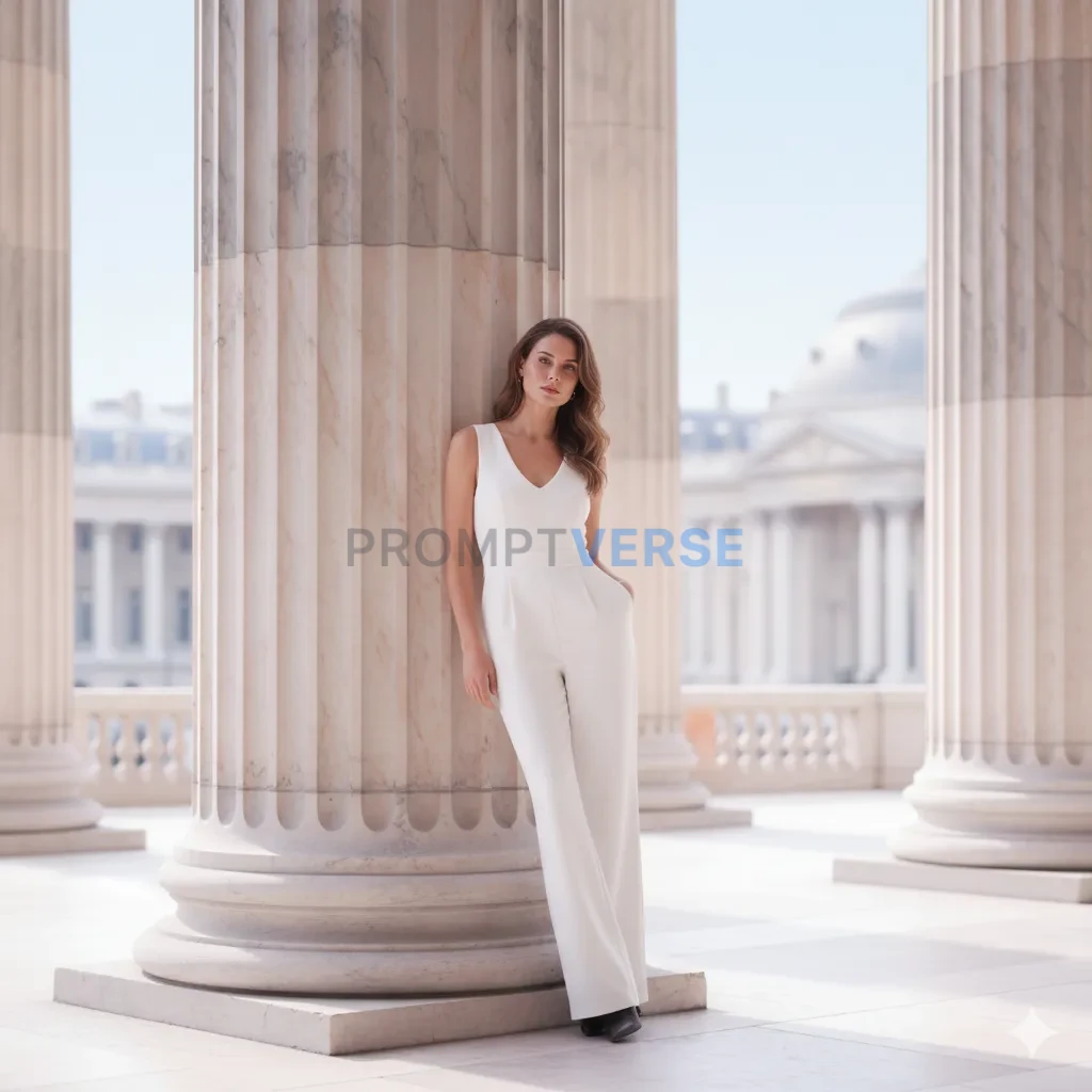 Minimalist fashion portrait of a woman in a white jumpsuit near marble columns, soft pastel tones. - PromptVerse
