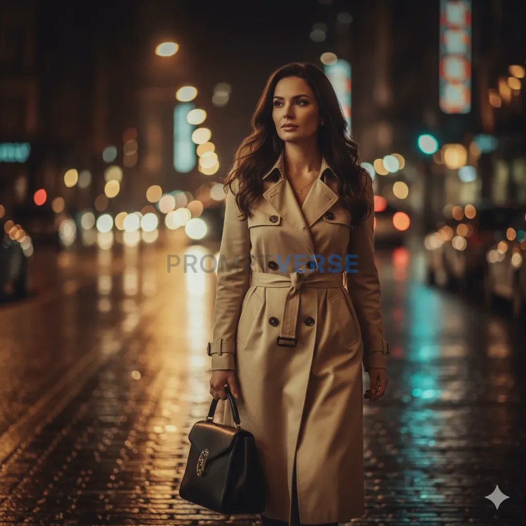Woman in a beige trench coat holding a black handbag, cinematic bokeh lights, soft skin tone. - PromptVerse