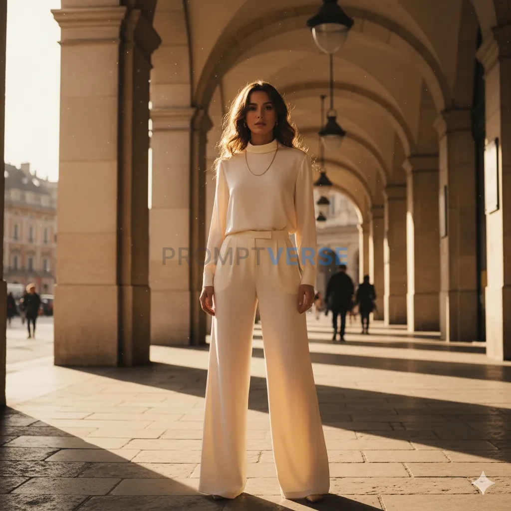 Model in cream outfit standing under architectural arches, golden light, realistic mood. - PromptVerse