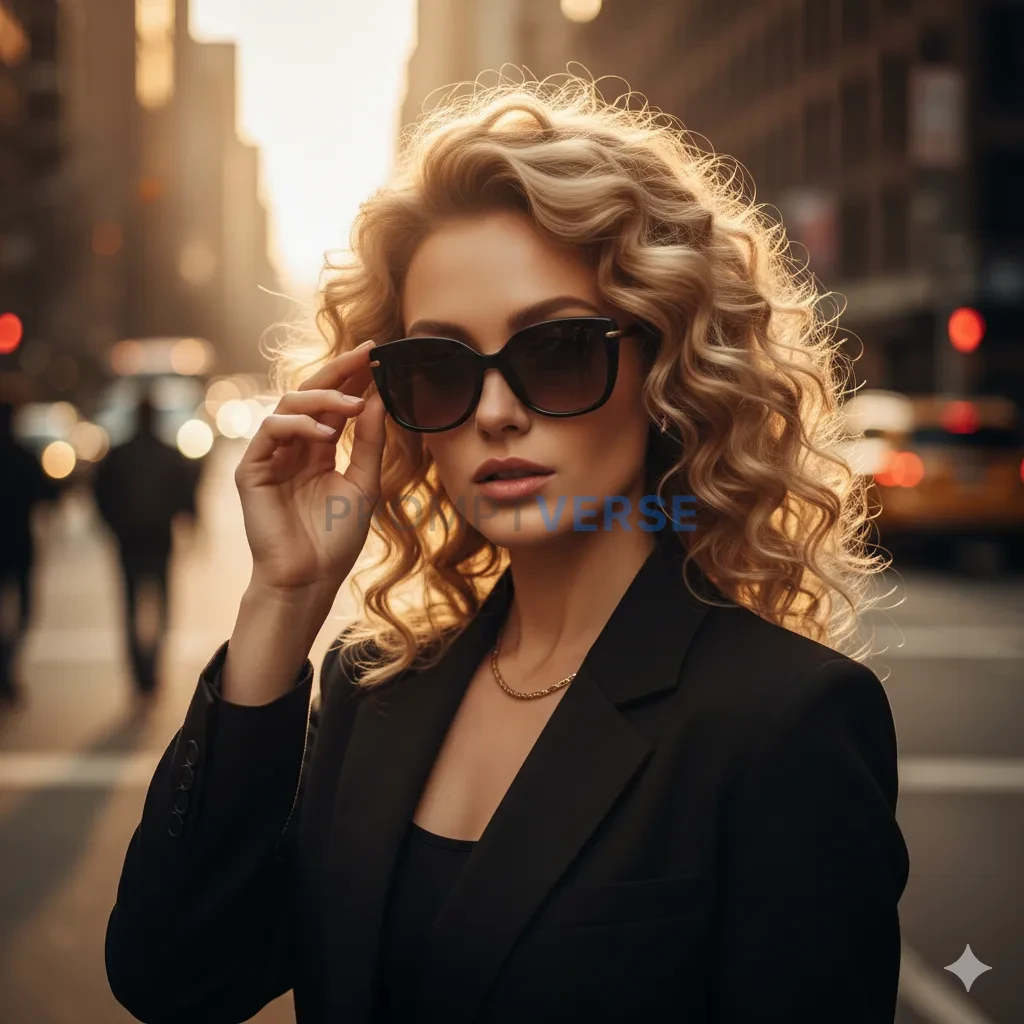 Elegant woman with blonde curls adjusting her sunglasses, realistic close-up, cinematic street tone. - PromptVerse