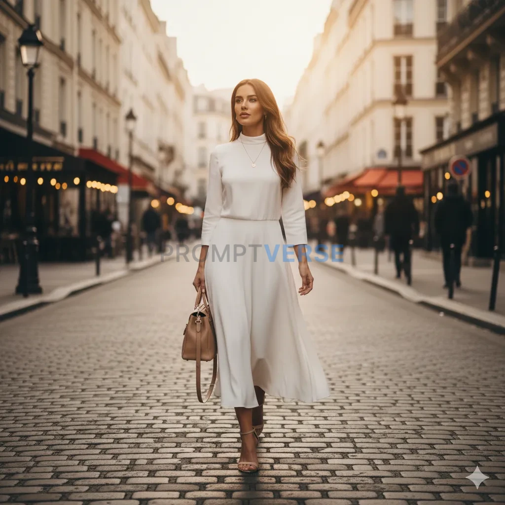 Fashion blogger walking confidently in a white dress with a handbag, Paris streets, soft glow. - PromptVerse