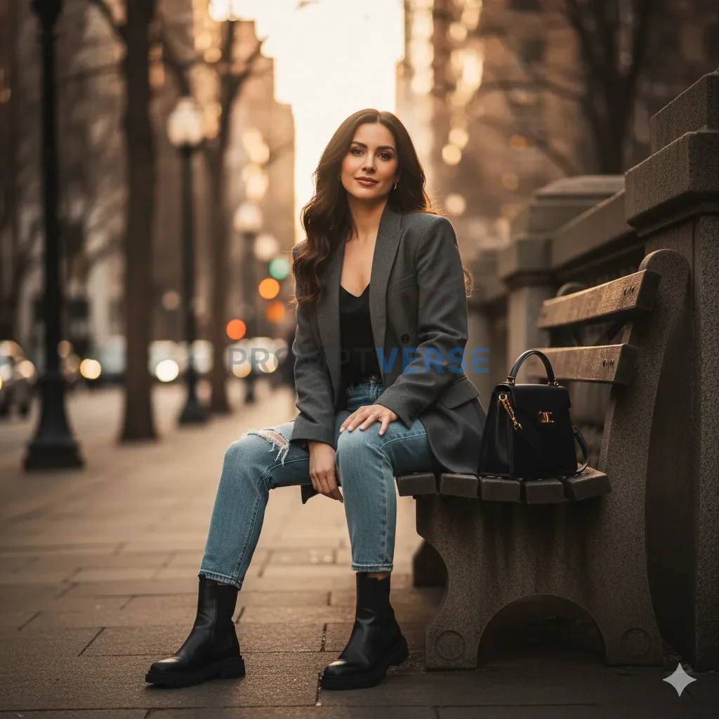 Portrait of a woman sitting on a stone bench downtown, modern outfit, cinematic warm tones. - PromptVerse