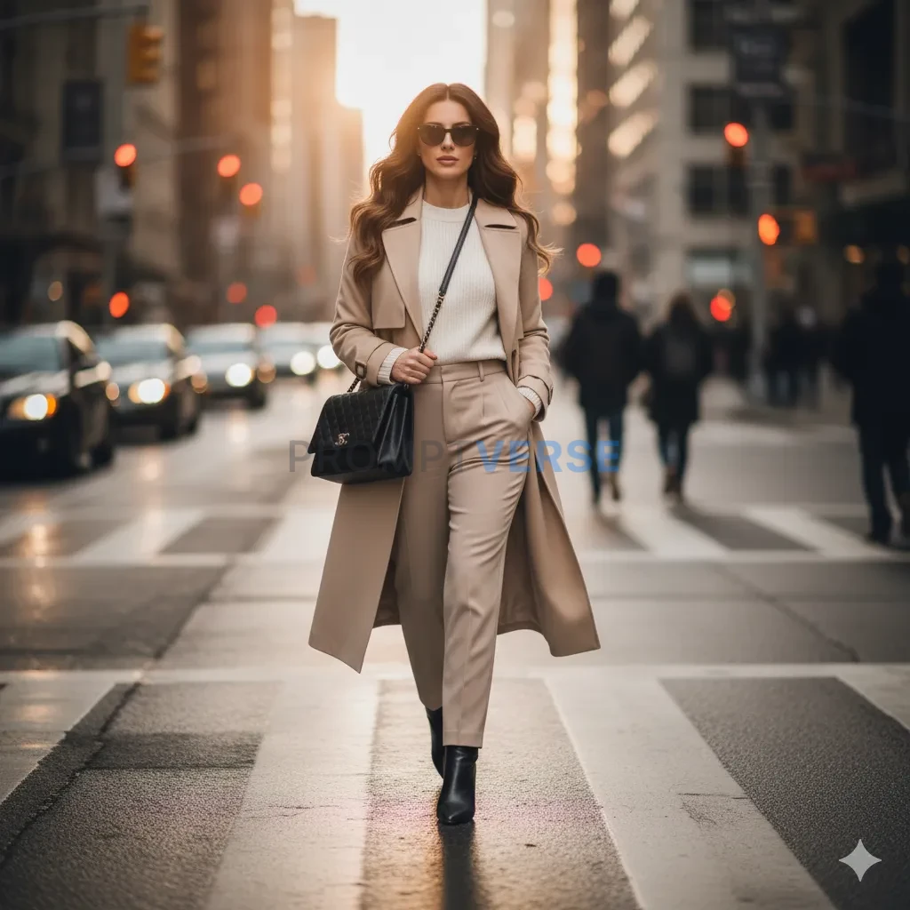 Street-style woman in neutral tones walking through traffic lights, blurred background, realistic lighting. - PromptVerse