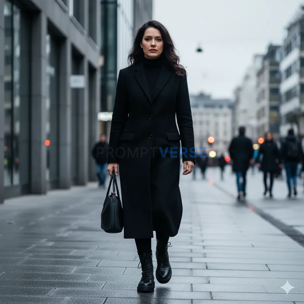 Confident urban woman with black coat and boots, overcast lighting, modern European mood. - PromptVerse