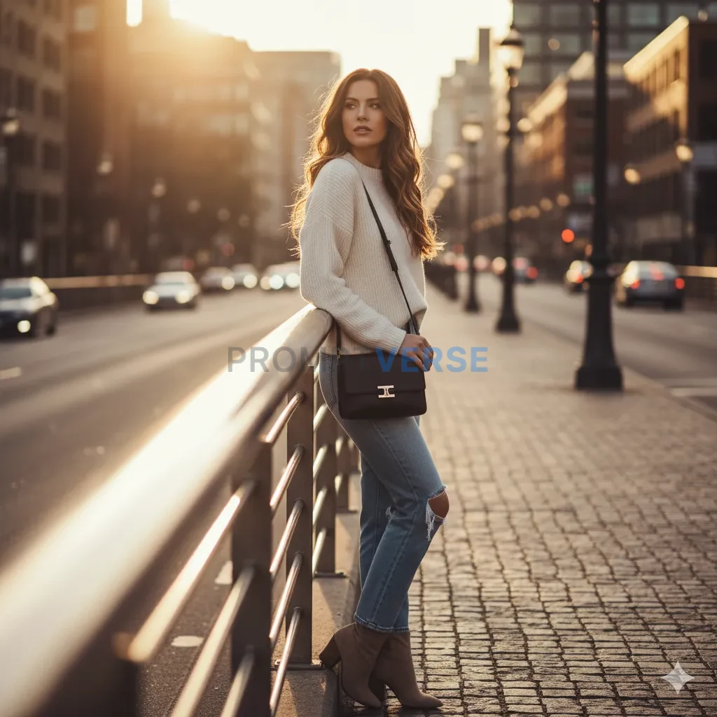 Model leaning on a metal railing, wearing casual chic outfit, cinematic sunlight reflection, realistic detail. - PromptVerse