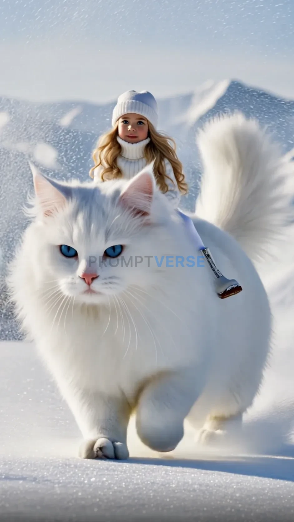 young girl rides a giant white cat with blue eyes through a snowy land