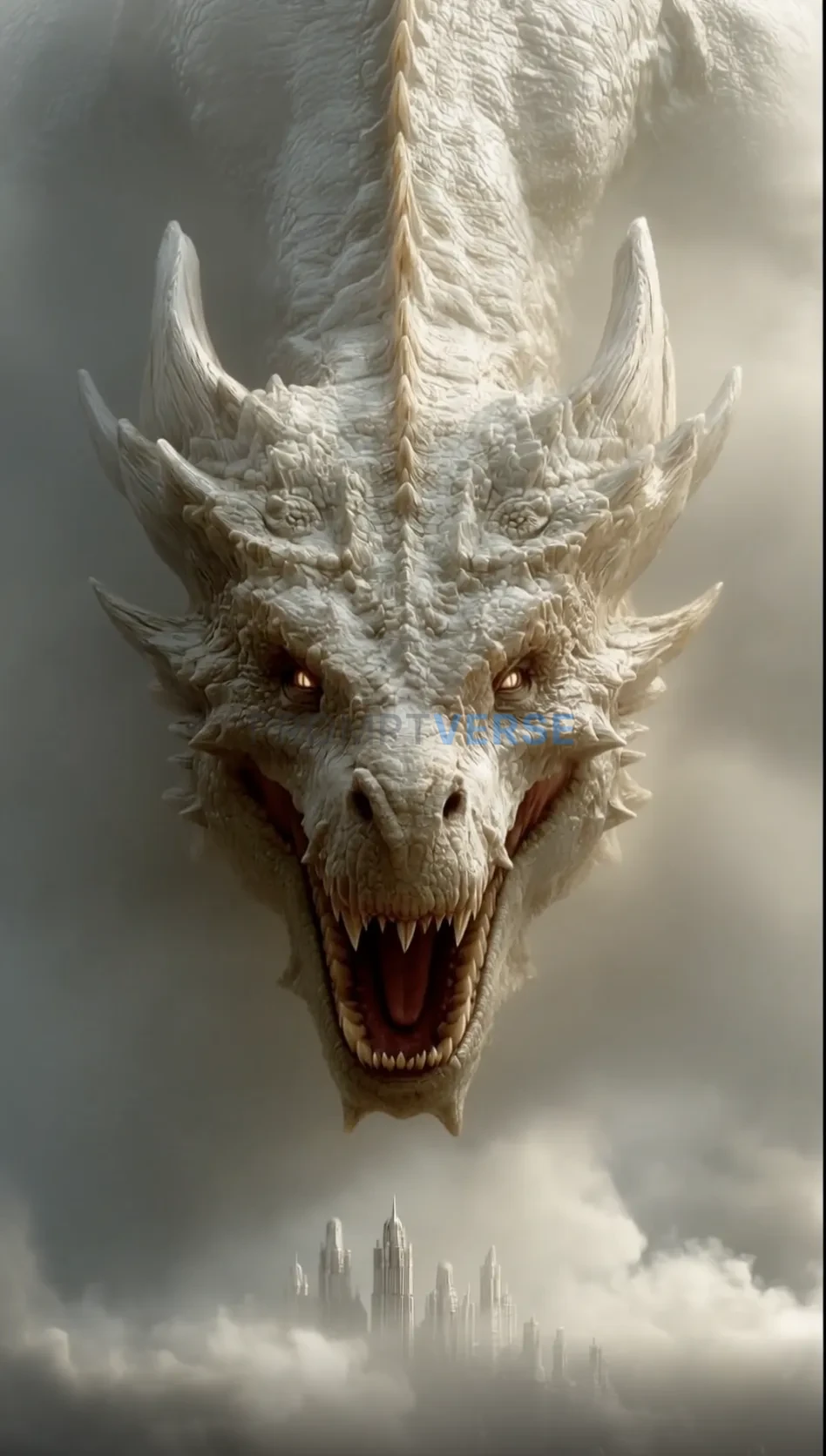 A massive white dragon with glowing eyes and sharp teeth descends from