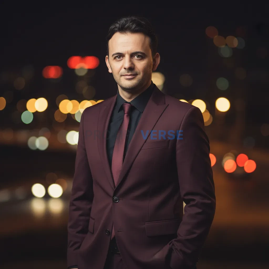 Stylish man wearing a maroon suit and black shirt, posing confidently, bokeh background, cinematic tone - PromptVerse