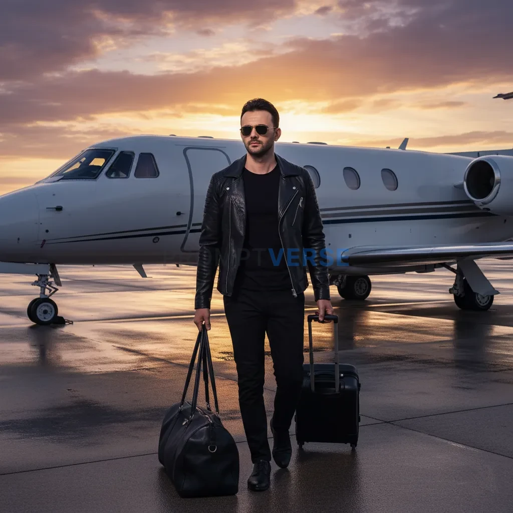 A fashionable young man walking near a private jet with luggage, wearing sunglasses and black outfit, sunrise background, cine - PromptVerse