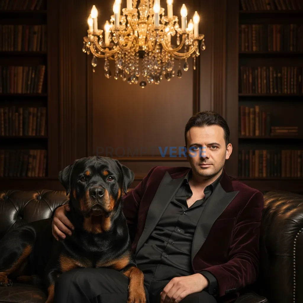 High-quality portrait of a man in a velvet blazer with silk shirt, lounging on a leather sofa with a Rottweiler by his side, g - PromptVerse