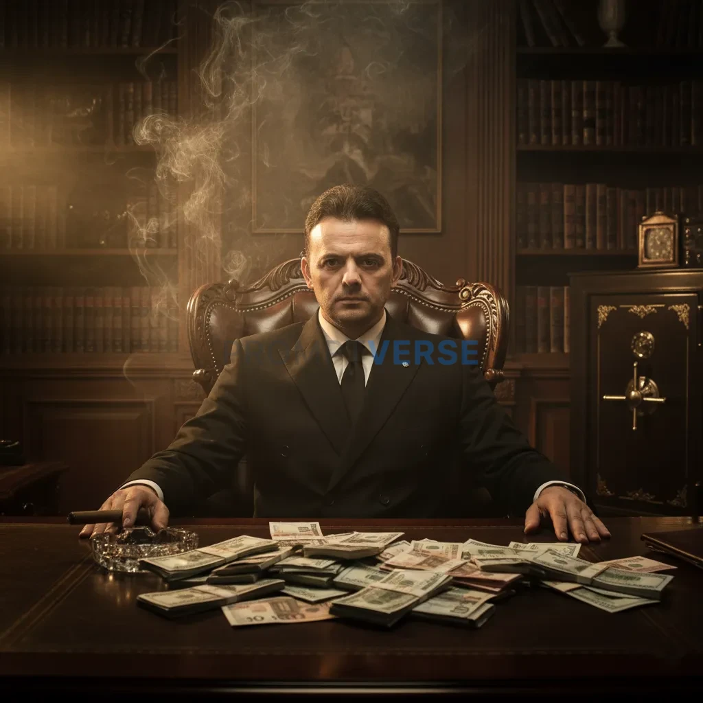 Cinematic mafia boss portrait, man in tailored black suit surrounded by smoke, seated in a dim office with piles of money on t - PromptVerse