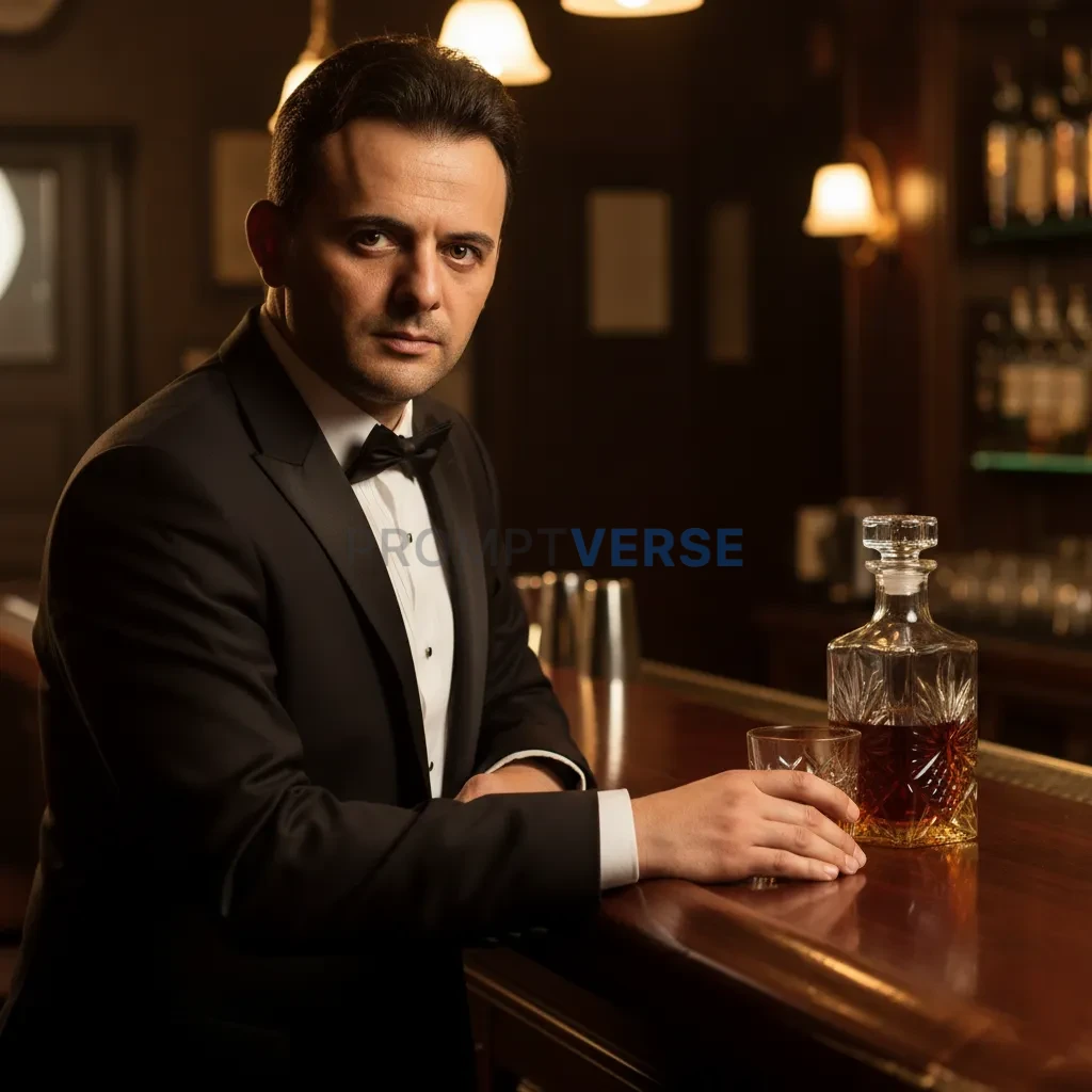 Ultra-detailed portrait, man in a dark tuxedo leaning on polished wooden bar, whiskey bottle beside him, cinematic golden tone - PromptVerse