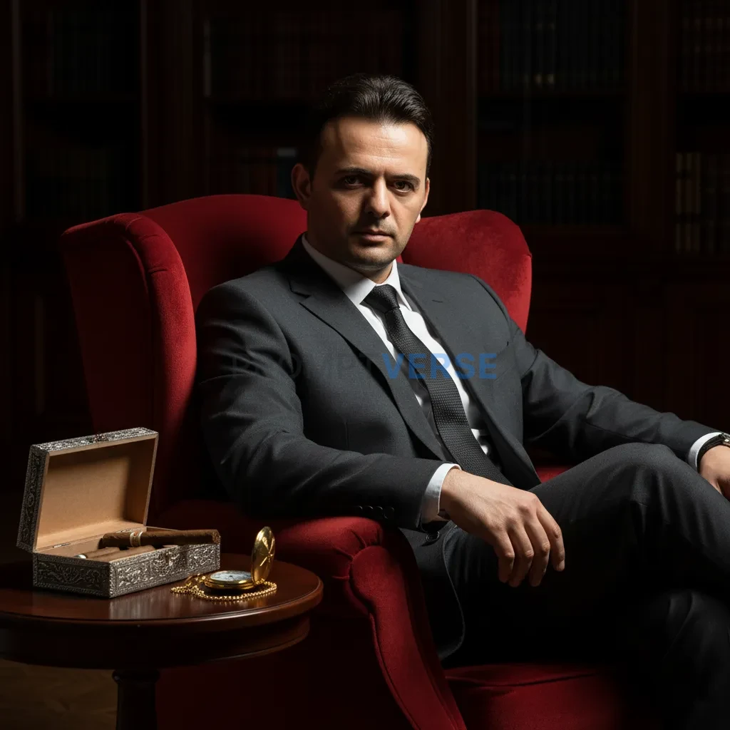 Editorial portrait, mafia-style man with a cigar case and pocket watch on the table, seated in a red velvet chair, cinematic s - PromptVerse