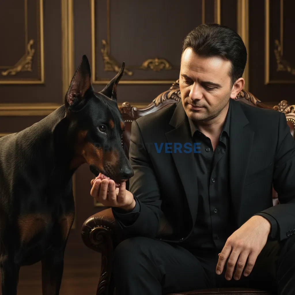 Cinematic close-up, man in an elegant black suit feeding a Doberman from his hand, warm side light emphasizing dominance. - PromptVerse