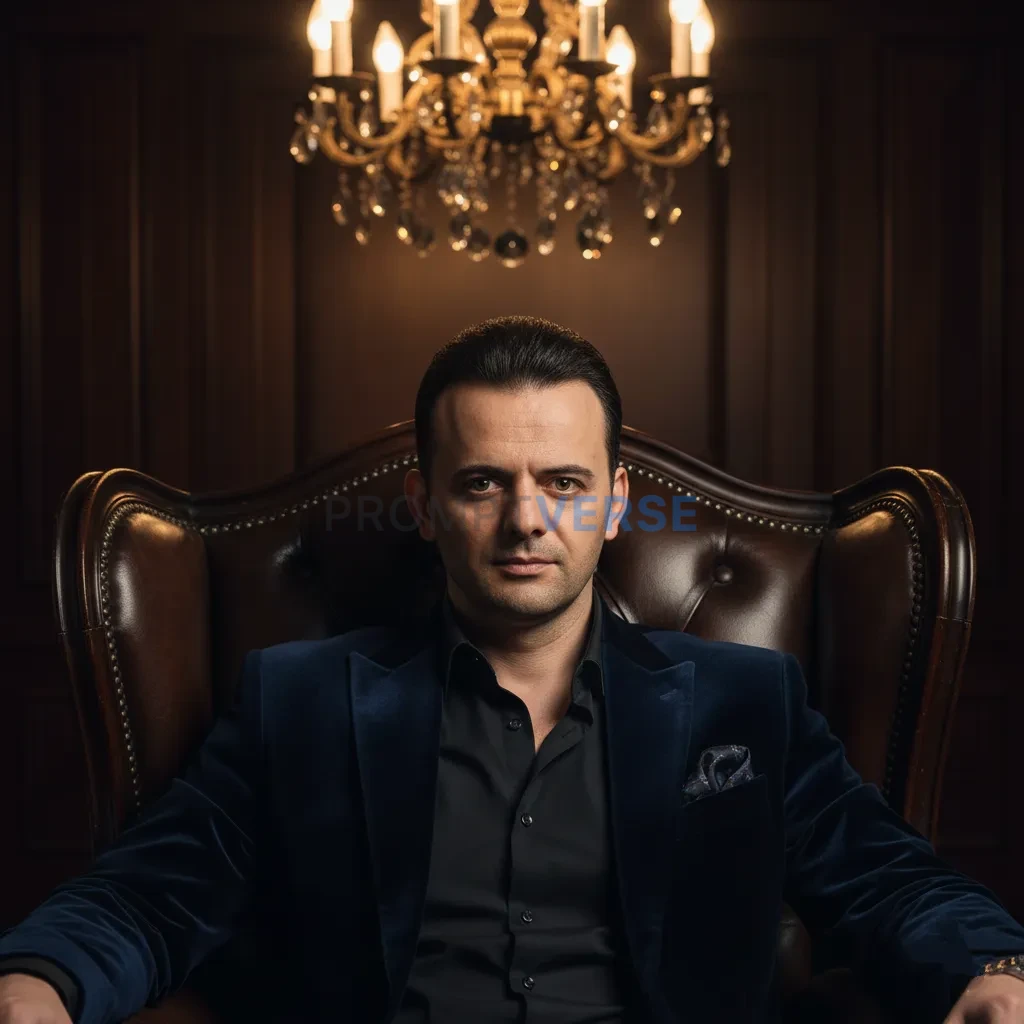 Ultra-detailed portrait, mafia boss in a velvet blazer with slicked-back hair, heavy leather armchair behind, dim golden chand - PromptVerse