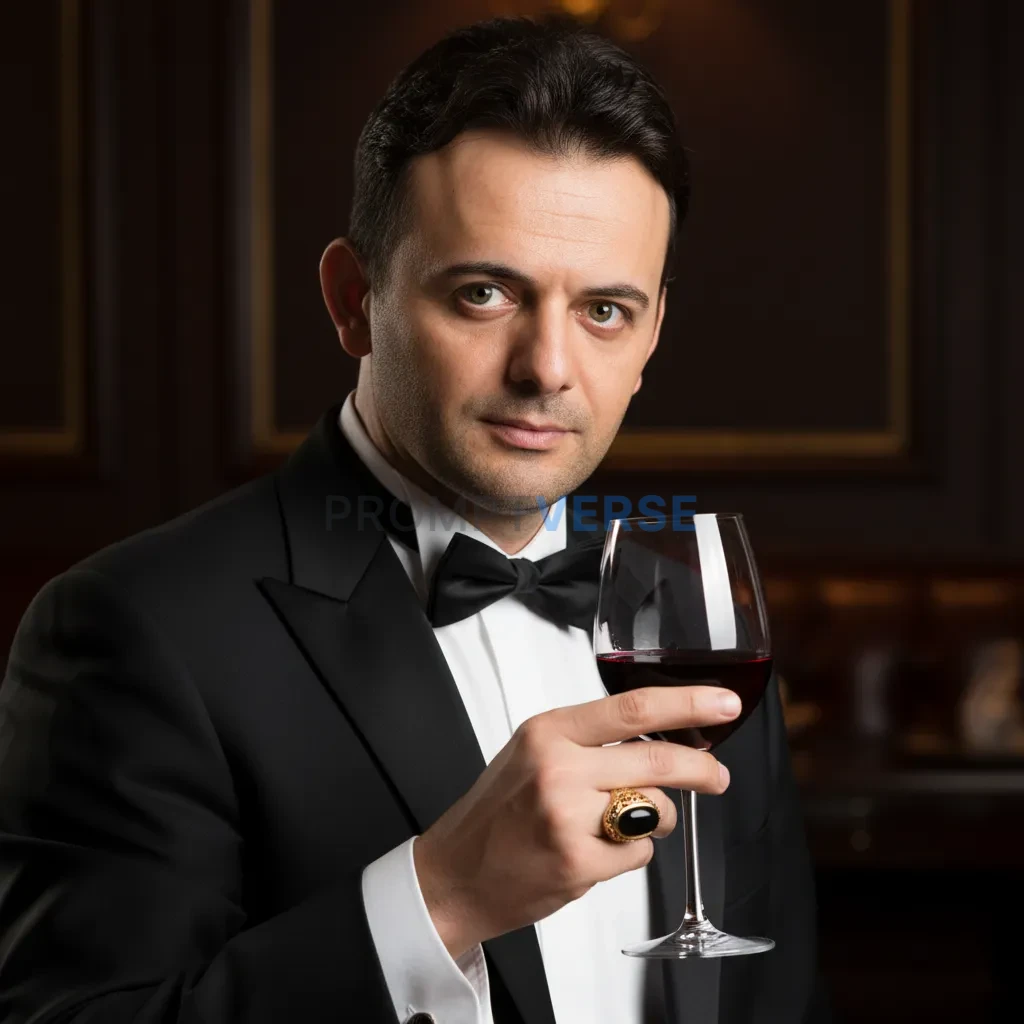Close-up editorial headshot, mafia boss in a tailored tuxedo, glass of red wine in one hand, heavy gold ring glinting under wa - PromptVerse