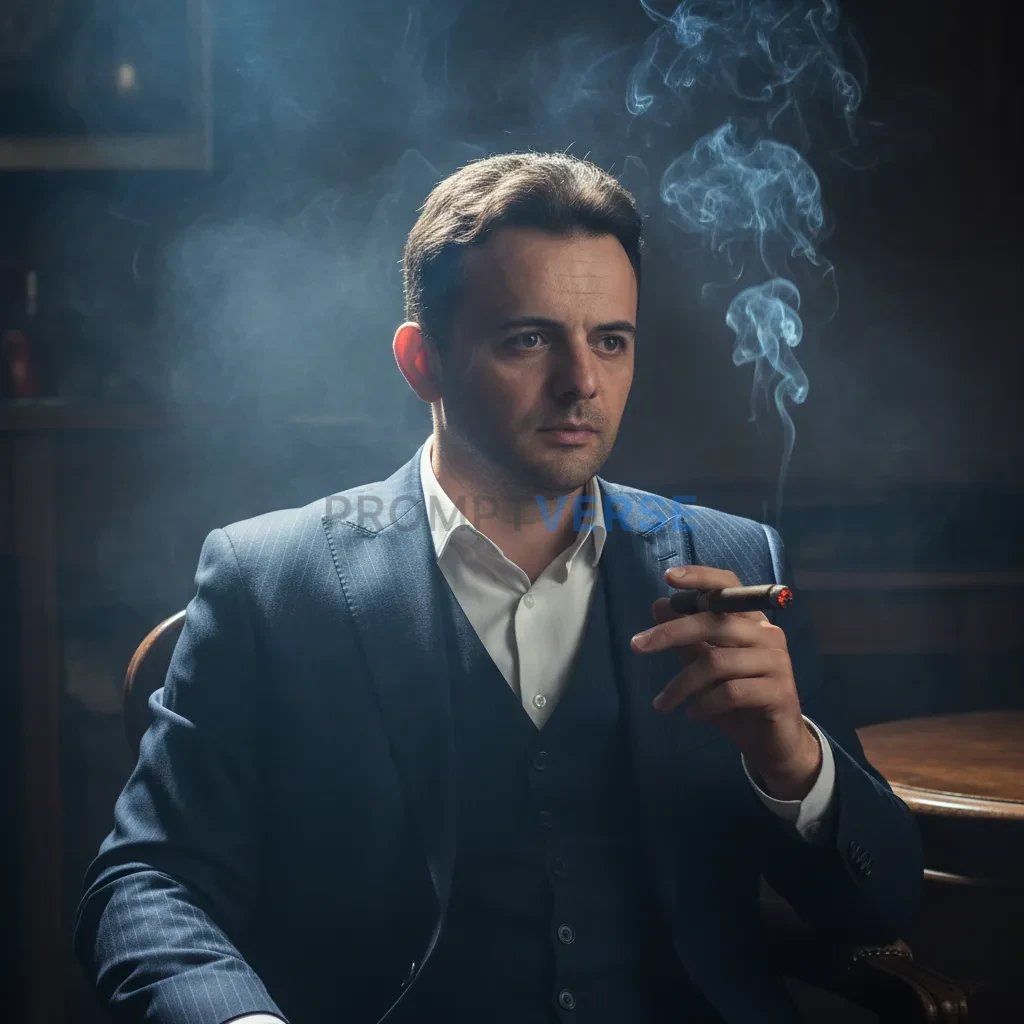 Cinematic portrait, man in a dark pinstripe three-piece suit seated in a smoky backroom, thick cigar between his fingers, spot - PromptVerse