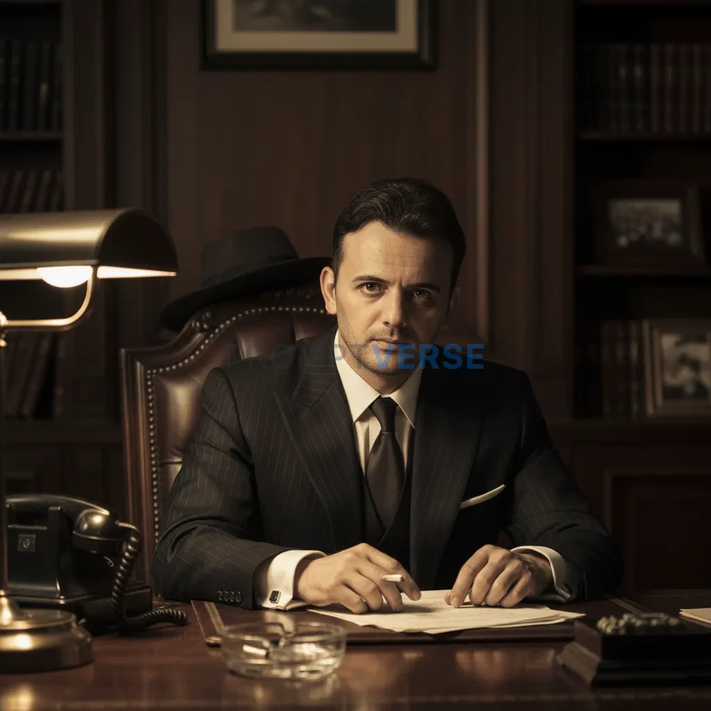 Cinematic portrait of a man in a sharp pinstripe suit, fedora resting on the back of his chair, moody golden desk lamp lightin - PromptVerse