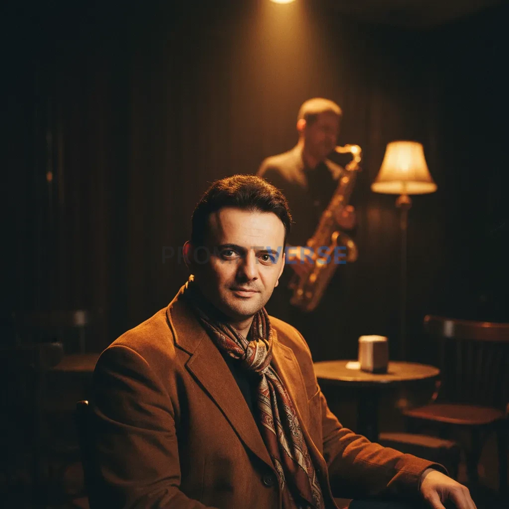 High-quality headshot, man in a suede jacket with scarf, seated in a dim jazz club corner, warm spotlight highlighting his fea - PromptVerse