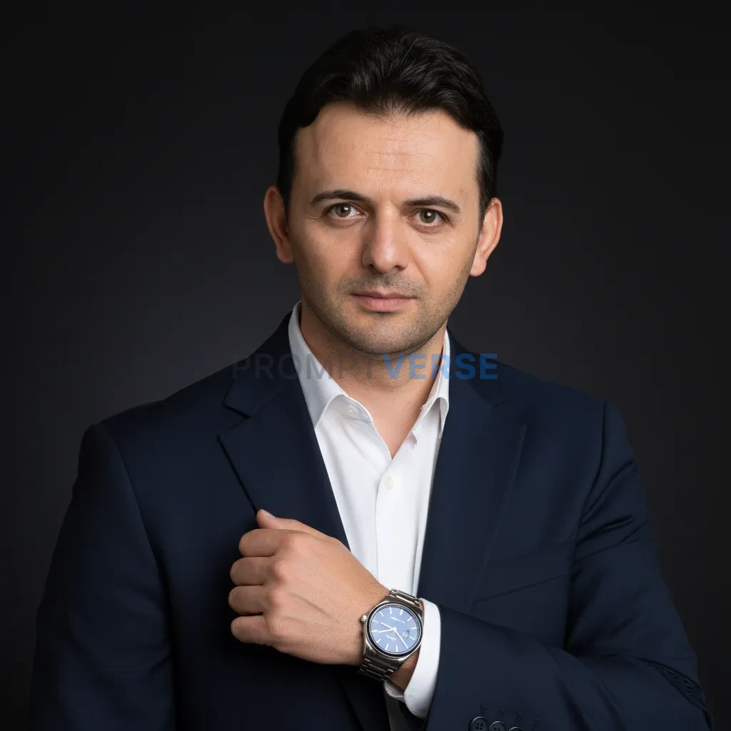 Cinematic portrait, luxury watch and formal outfit, professional branding and editorial crossover look. - PromptVerse