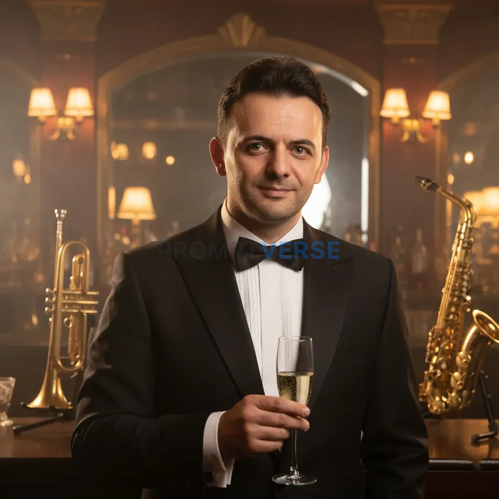 Cinematic portrait of man in classic tuxedo with champagne glass, jazz club lights reflecting off gold decor. - PromptVerse