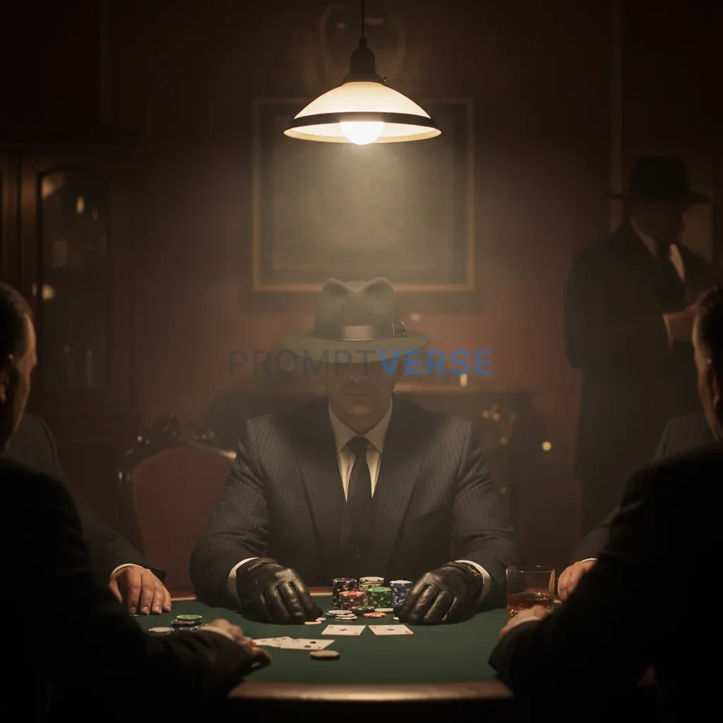Editorial portrait, mafia boss in fedora seated at a smoky poker table, dim lamp hanging above, shadows obscuring most of his  - PromptVerse