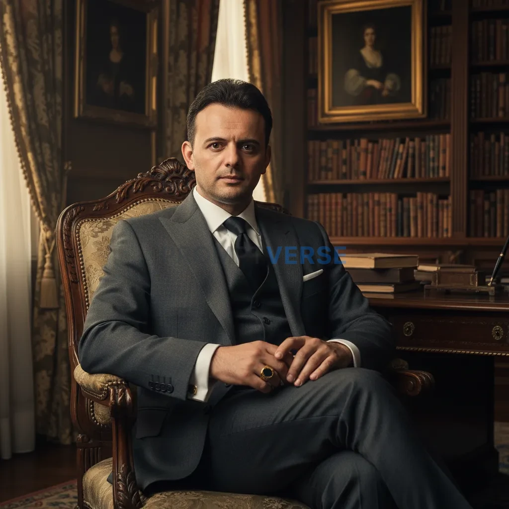 Ultra-detailed portrait, mafia boss in custom tailored suit, seated in ornate room with gilded frames and leather-bound books, - PromptVerse