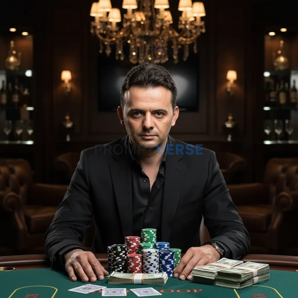 Ultra-detailed portrait, man in a fitted black suit with open collar, seated in a private casino lounge, poker chips and cash  - PromptVerse