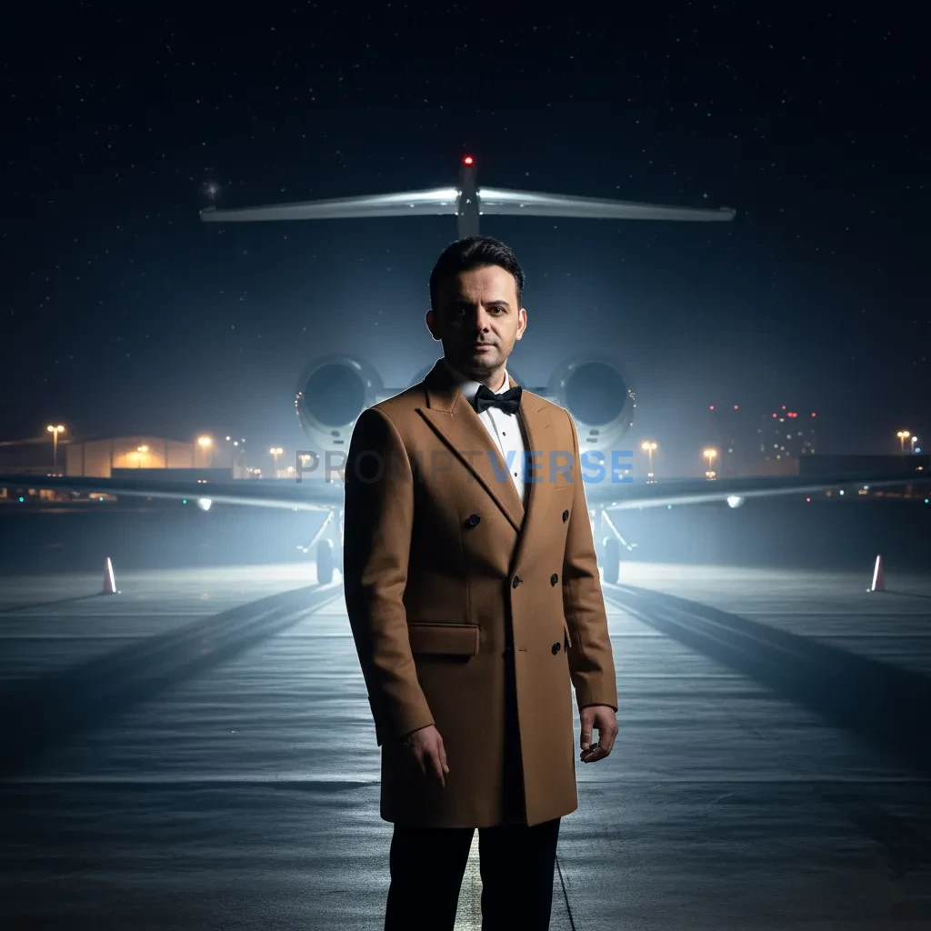 Cinematic portrait, man in a tailored camel coat over tuxedo, standing in front of a private jet, strong backlight creating dr - PromptVerse