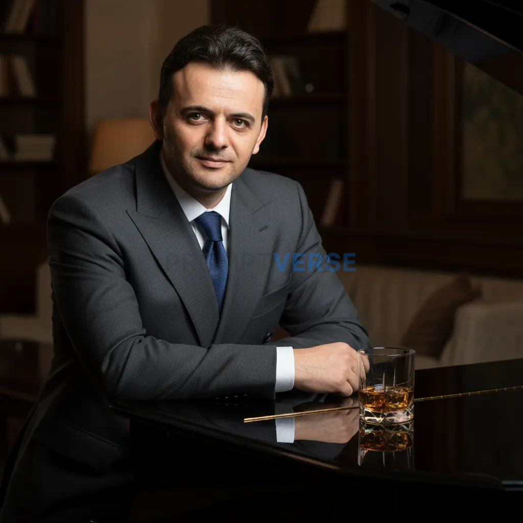 Close-up portrait, man in double-breasted suit leaning on polished grand piano, whiskey glass resting nearby, moody cinematic  - PromptVerse