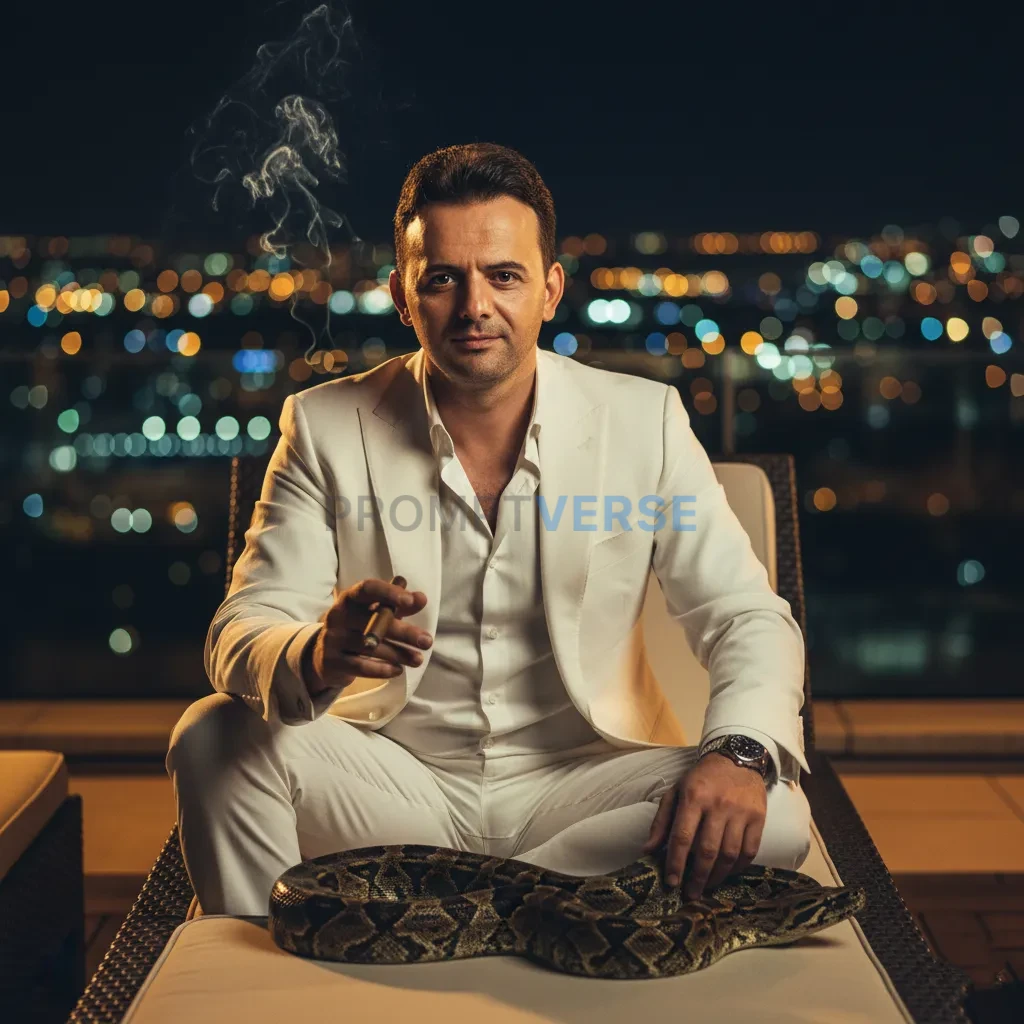 High-quality cinematic portrait, mafia boss in a white linen suit on a terrace at night, cigar in hand, snake resting coiled a - PromptVerse